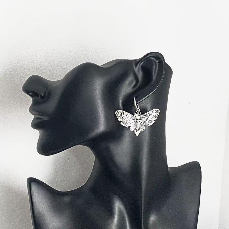 Gothic Moth Hoop Earrings 1 Pair, Vintage Witchy Moth Dangle Earrings, Silver Tone Punk Jewelry Gift