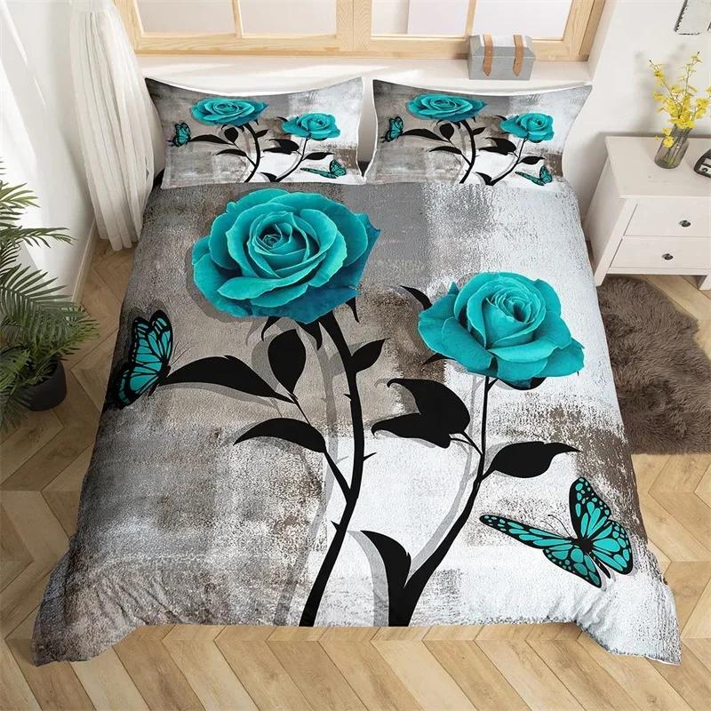 Rose Flower Duvet Cover Single King Oil Painting Butterfly Floral Bedding Set Microfiber Vintage Watercolor Artwork Quilt Cover