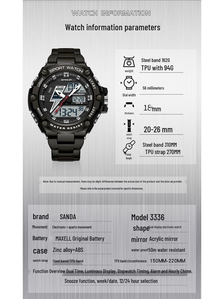 Sanda Men's Multifunctional Shockproof Waterproof Sport Watch with Alarm Clock and Black Technology.