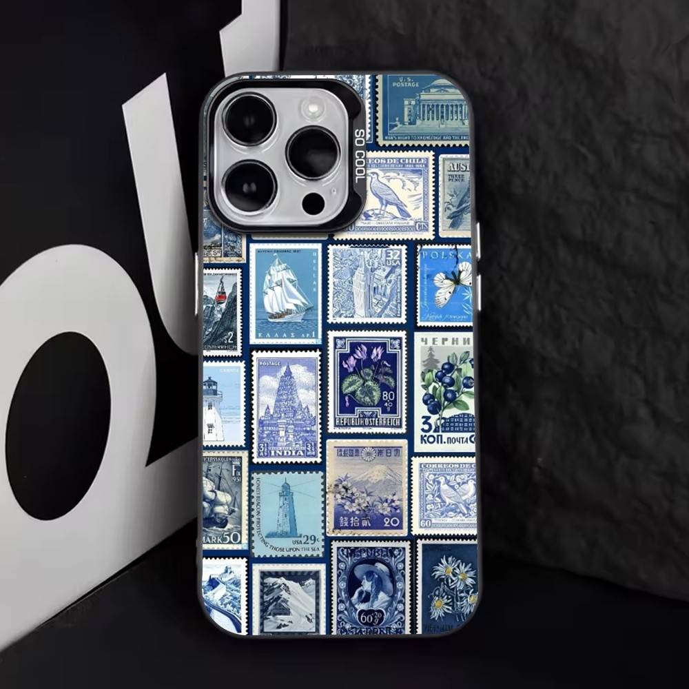 Retro Stamp   Phone Case For iPhone 17,16,15,14,13,12,11 Plus,Pro Max,XS,Colored Silver Plated Inside Cover