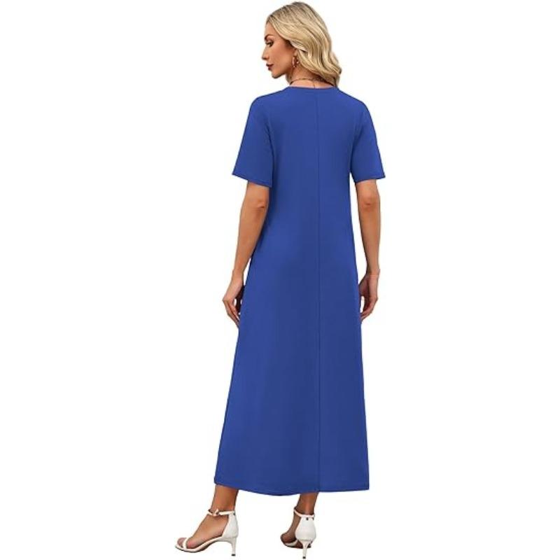 JKASHDK Women's Fashion Summer Spring Solid Color Print Short Sleeve V-Neck Loose Waistline Casual Dresses