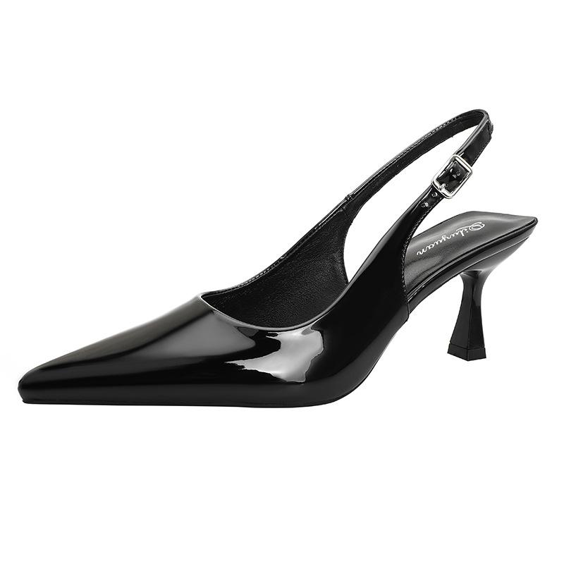 Baotou sandals women's 2025 new summer one-word with patent leather red high heels women's thin heels pointed back empty single shoes