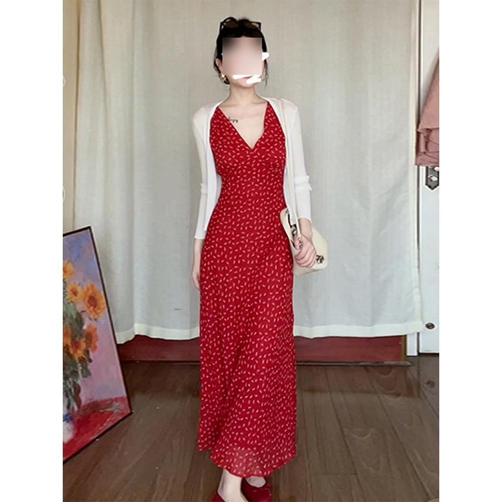 Early spring French red suspender floral dress children's summer casual women's new waist temperament sleeveless long dress
