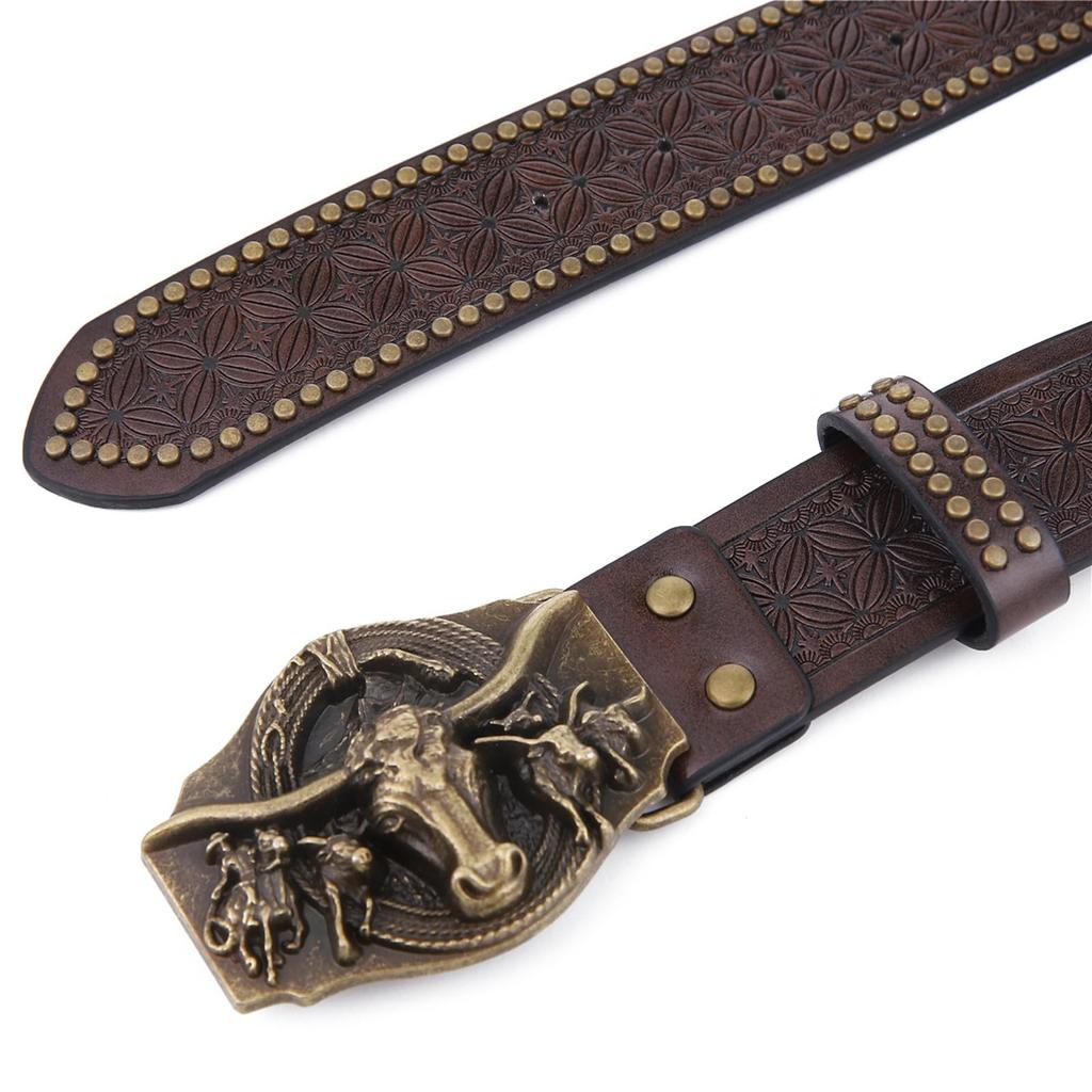 [Lamerry] Western Belt Buckle American Cowboy American Casual Studs Jeans Vintage Cow Men's Women's Brown 115cm