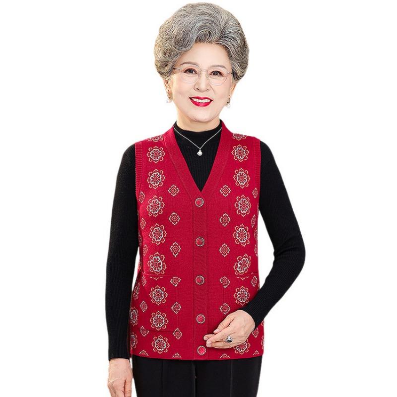 Old man spring and autumn winter clothes women's vest grandma wearing vest old lady knitted cardigan mother sweater vest