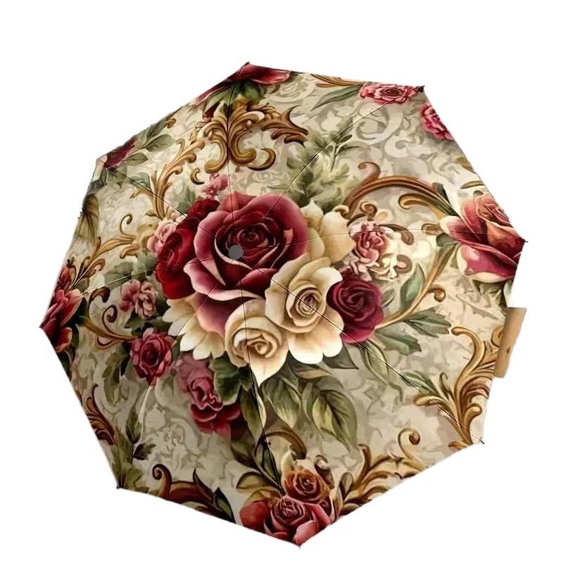 Rose Flower Design Automatic Folding Umbrella Lightweight and Foldable