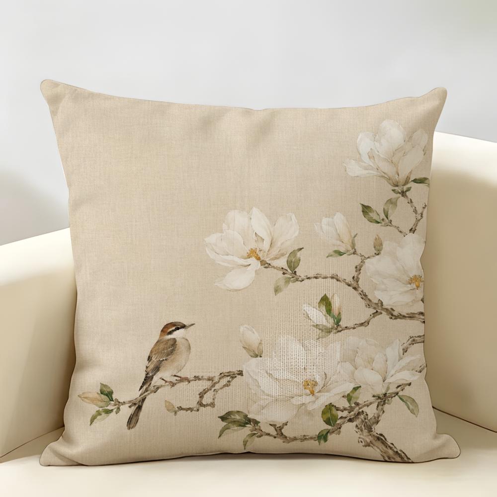 Oriental Watercolor Bird Blossom Cushion Cover Durable Hypoallergenic Organic Linen Short Pillow Cover Washable