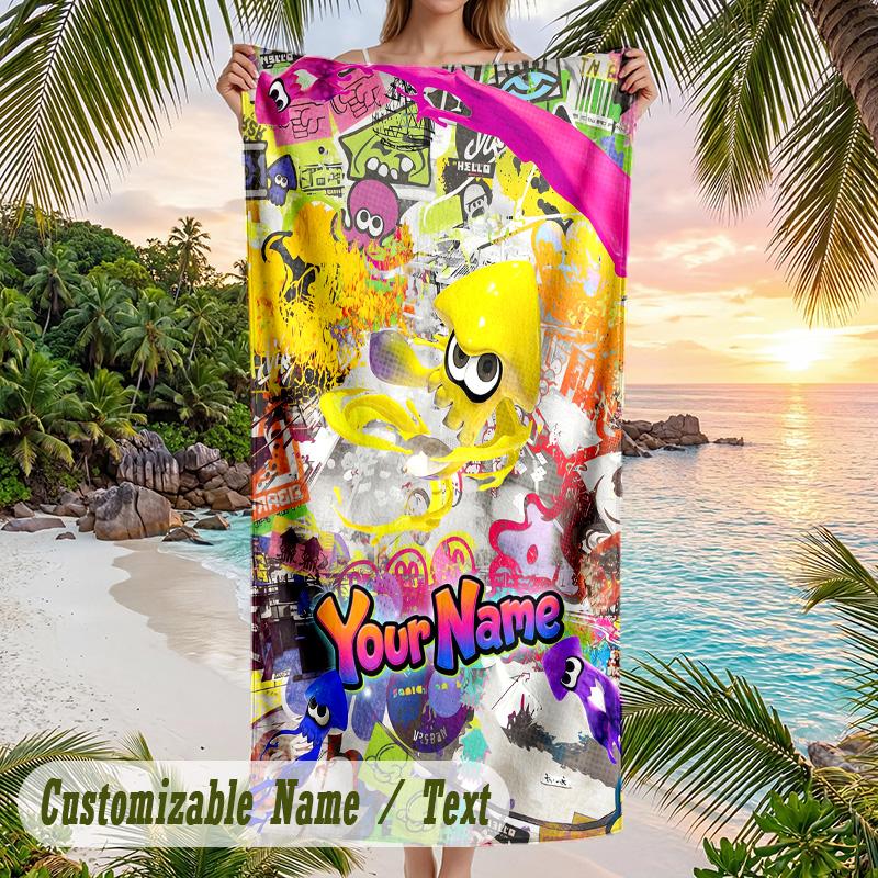 Splatoon Beach Towel, Personalized Custom Text, Quick Dry Soft Large Towel For Swimming Pool Travel