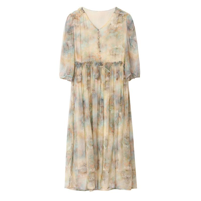 Silk print silk dress summer new adjustment waist seaside vacation silk dress