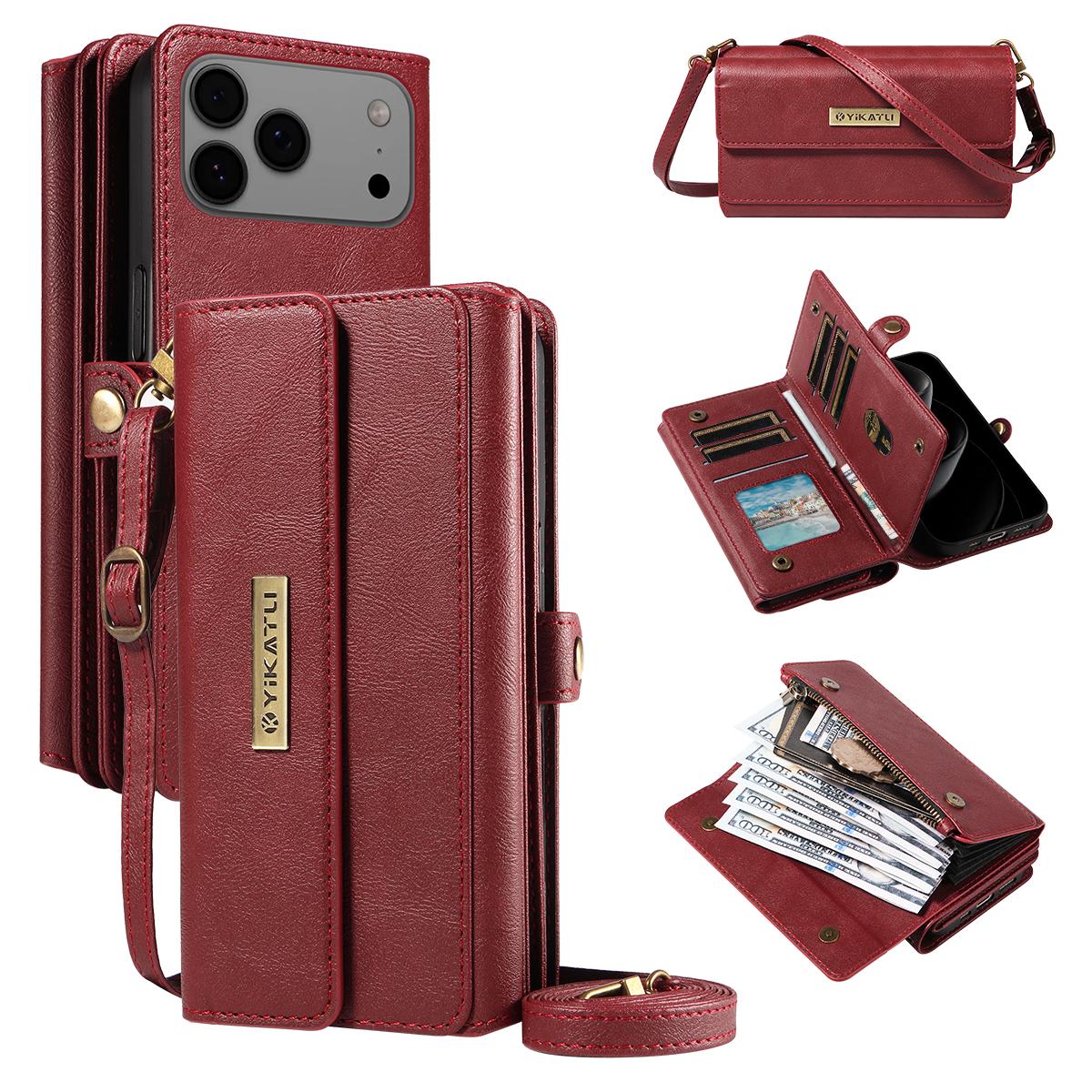 

For iPhone 17 Pro Max Case YIKATU YK-008 Zipper Wallet Leather Phone Cover with Shoulder Strap Red