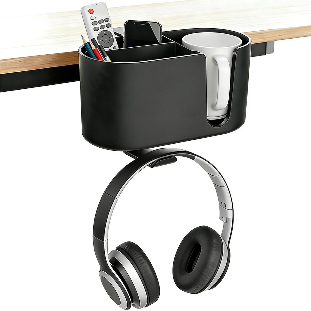 Desk Organizer with Headphone Drink Cup Headphone Desk Smartphone Pen Storage Storage Holder 4-in-1 Hook, Holder, 360-Degree Rotation, Storage, Stand,