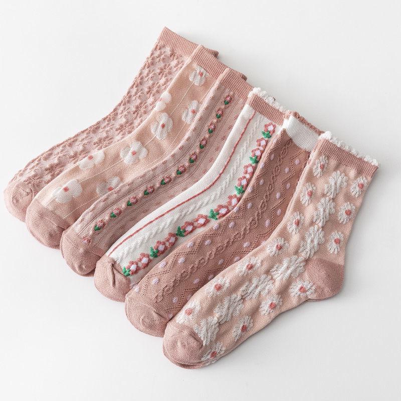 Women's Pink Embossed Mid-Tube Socks - Trendy Knee-High, Four Seasons Style