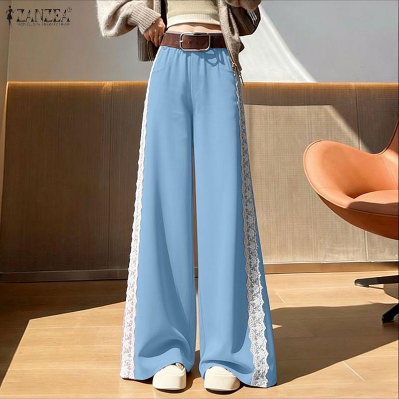 ZANZEA Women Casual Elastic Waist Loose Lace Splice Long Pants S синий