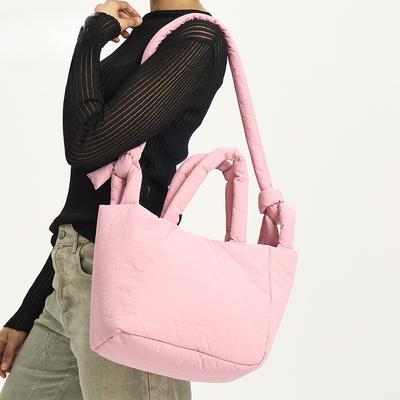 Borsa Tote Grande Capacità in Cotone Sandwich Nylon con Tracolla Annodata Borsa a Spalla Crossbody Morbida Leggera da Donna