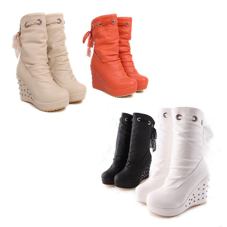 European and American fashion short boots wedge heel high heel women's boots sweet lace belt lady shoes trick