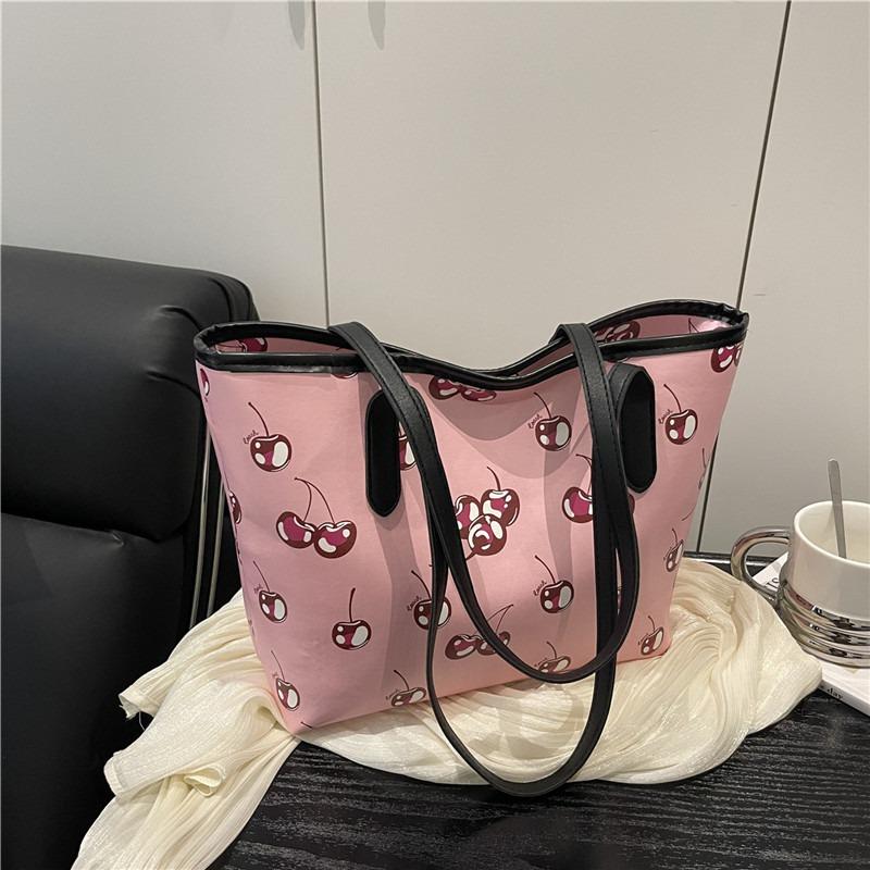 Bags Women's Autumn New Shopping Bags Shoulder Large Capacity Cherry Printing Stylish Simple Tote Bags Handbags