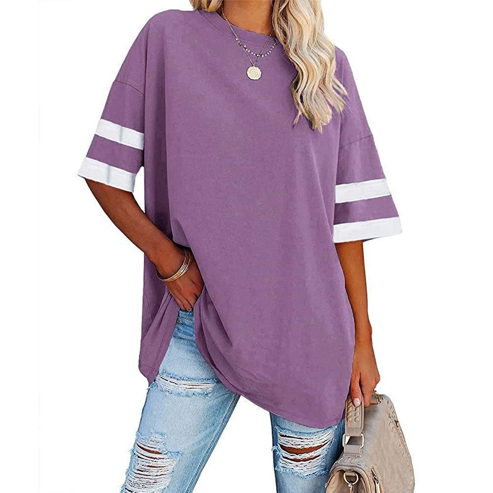 Women's Loose Half-sleeve Round Neck Colour Clashing Drawstring T-shirt
