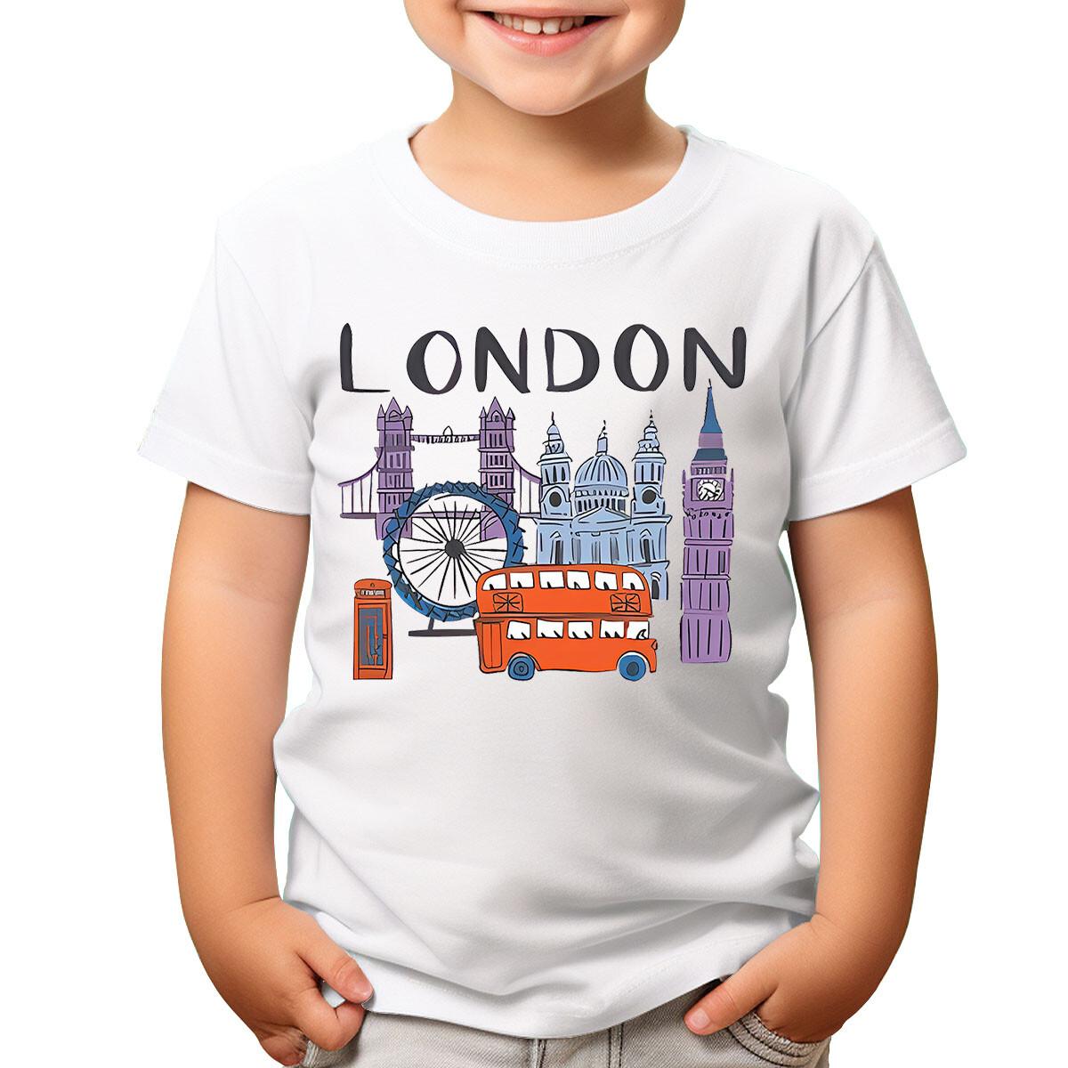 London Landmarks T-Shirt Famous British Icons Souvenir Cartoon Bus Tower #T490 S