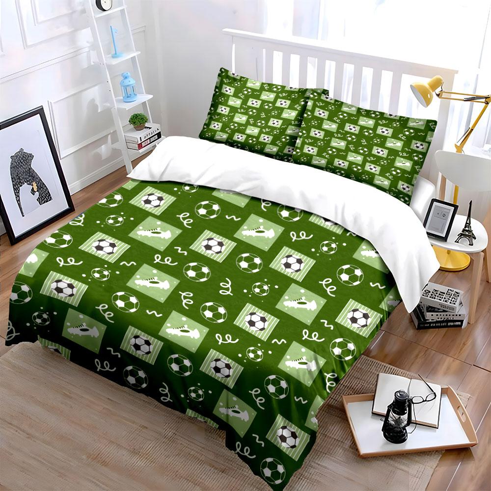 Soccer-Themed Green Background Pattern Duvet Cover Set With 3D Printing Design Soft Polyester Bedding Set All-Season Comfort