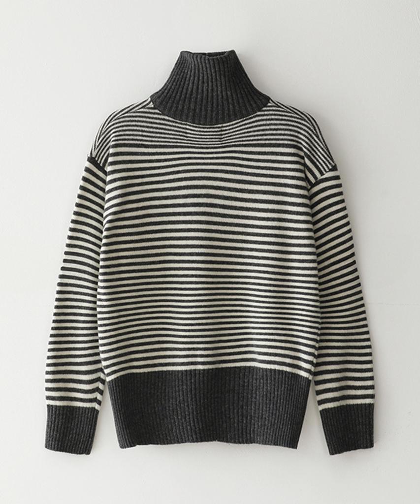 Beullusseonpeullawo Merino Wool Striped Half Knit Zip-Up - Gray
