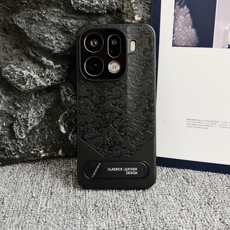 For Oppo Find X9 X8 Pro Ultra Embossed Dragon Pattern Leather Invisible Metal Kickstand Anti-Fingerprint Comfortable Grip Cover