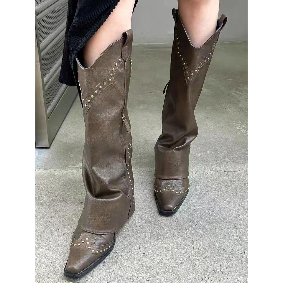 Pointed Toe High Heel Thigh-High Boots with Rivet Zipper Decoration - Women's Trend 2025