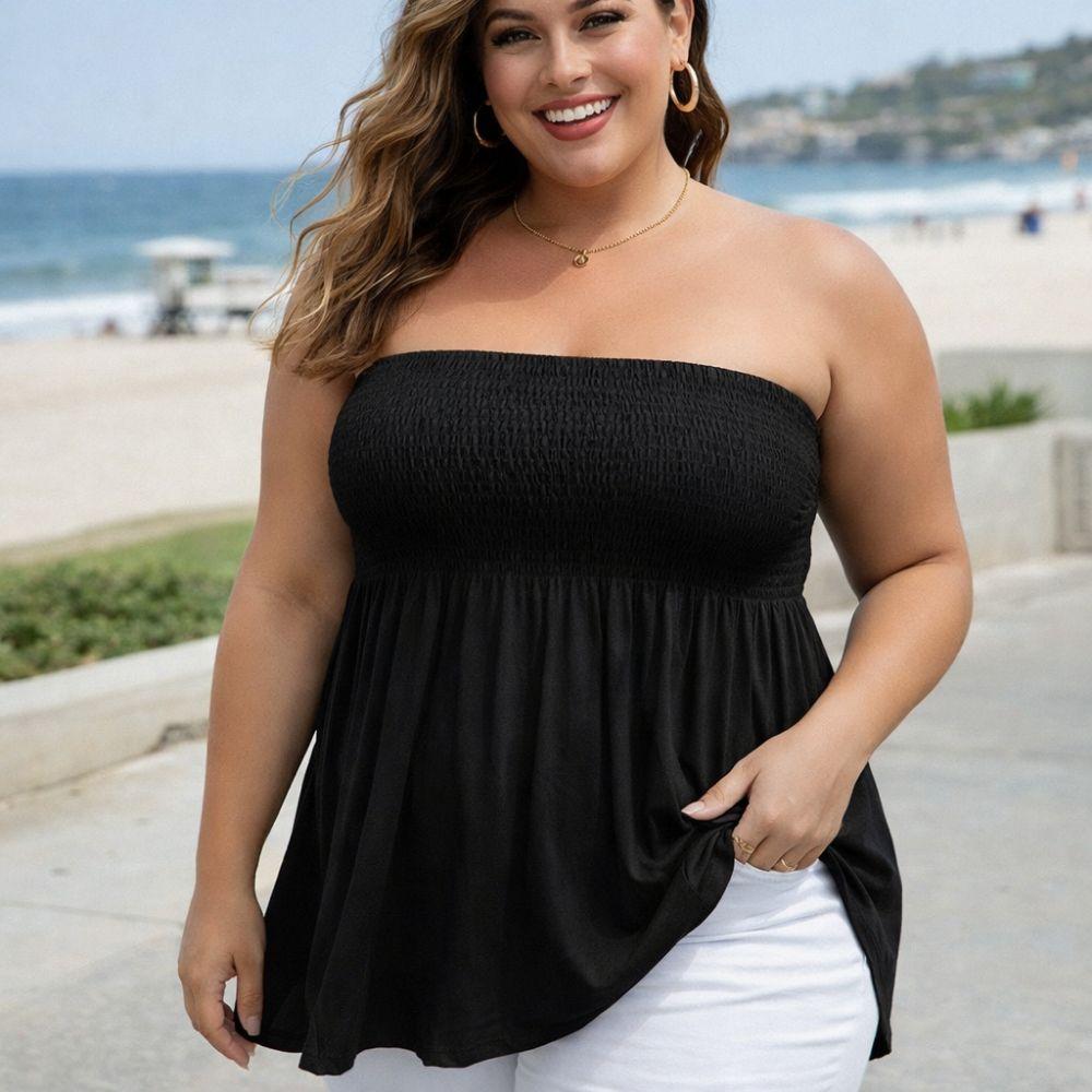 Loose Fit Plus Size Tank Top Ribbed Texture Strapless Tube Top Off-Shoulder Crop Top Hot Girl