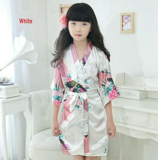 Girls' Silk Peacock Kimono Robe - Children's Nightgown Sleepwear Bathrobe