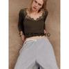 Spring New Women's Clothing Pure Desire Style V Neck Long Sleeves Multi-Color Selection Lace Decorative Cotton Rib T-shirt 5644314
