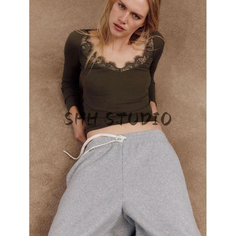 Spring New Women's Clothing Pure Desire Style V Neck Long Sleeves Multi-Color Selection Lace Decorative Cotton Rib T-shirt 5644314