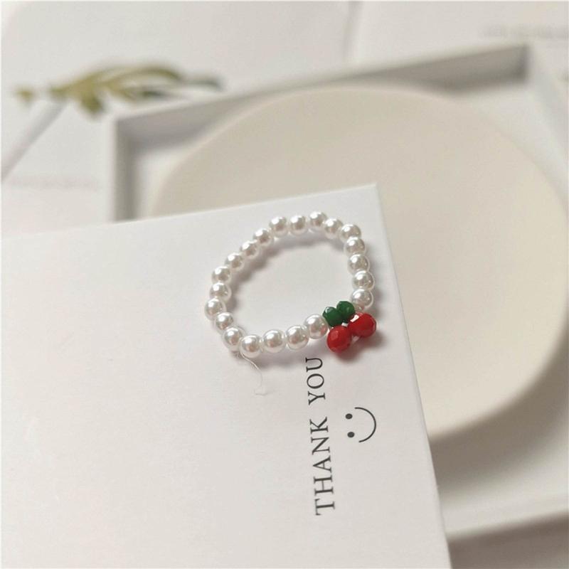 Red Cherry Rings Adjustable Size Beads String Rings Lightweight Elastic Rope Finger Rings Daily Wear Cherry Beaded Rings