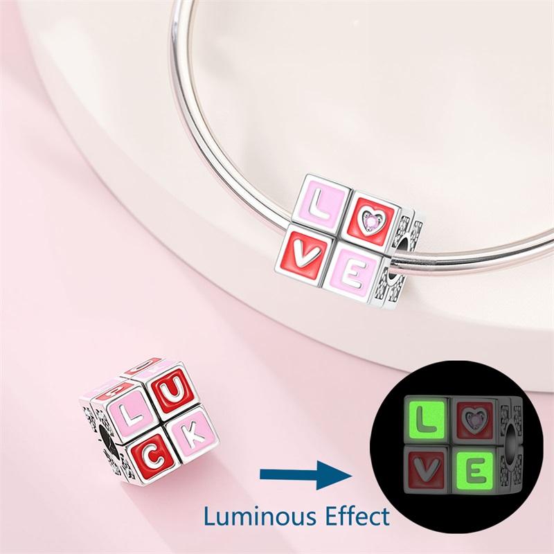 Copper Pink Love Series Charm Love Cube Little Bear Luminous Pendant Fit Original Bracelet Romantic Wedding Jewelry
