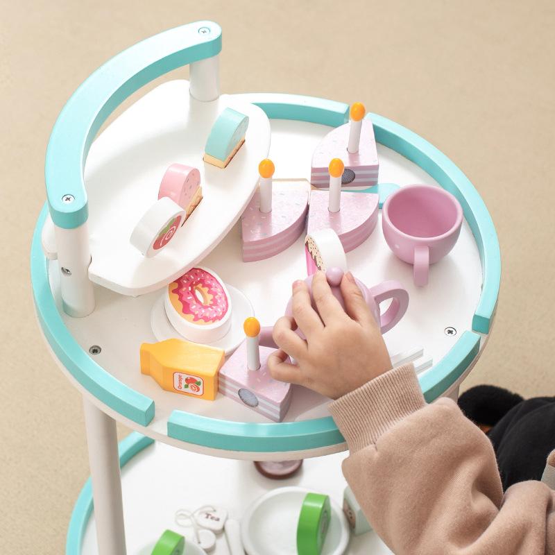 BABIBO Runder Gebäckwagen aus Holz/Teeservice für Kinderspielhaus/Snacks/Doppeltablett-Servierwagen-Spielzeug