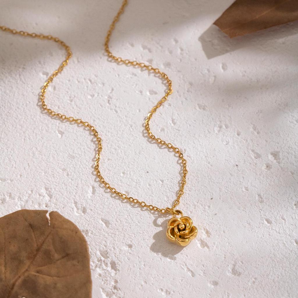 Xia Ling Minimalist Rose Pendant Necklace, Stainless Steel with Long-Lasting Titanium Finish.