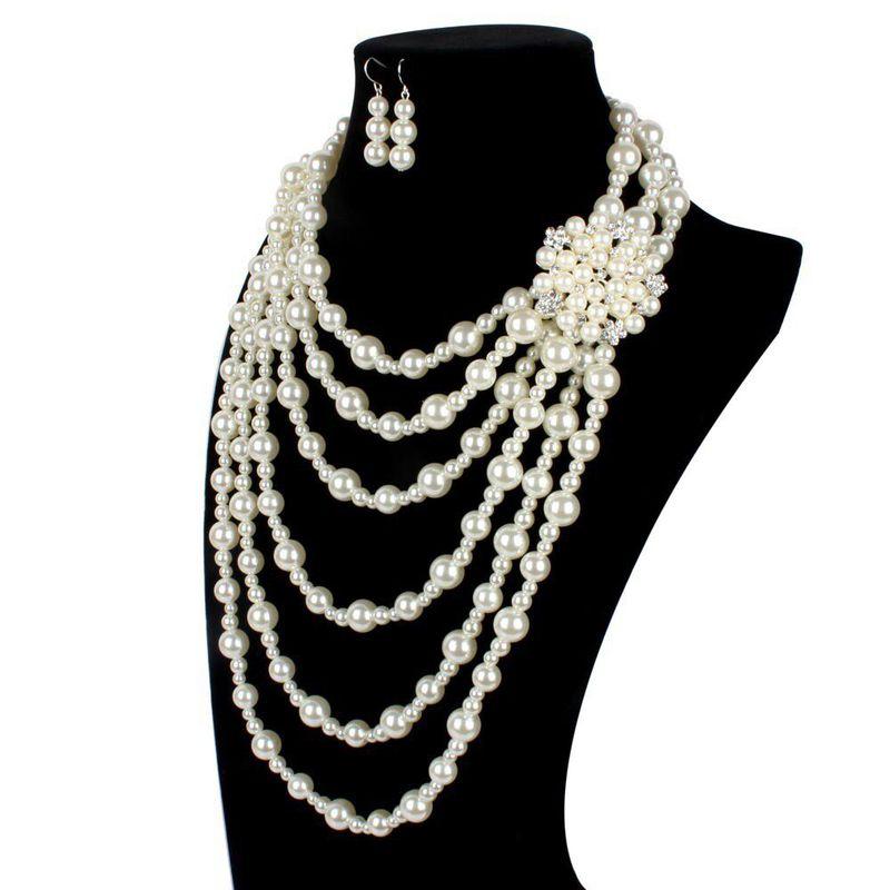 Fashion Style Fashion Exaggerated Handmade Imitation Pearl Rhinestone Flower Multi-Layer Necklace Bride Photo Studio Wedding Photography Accessories