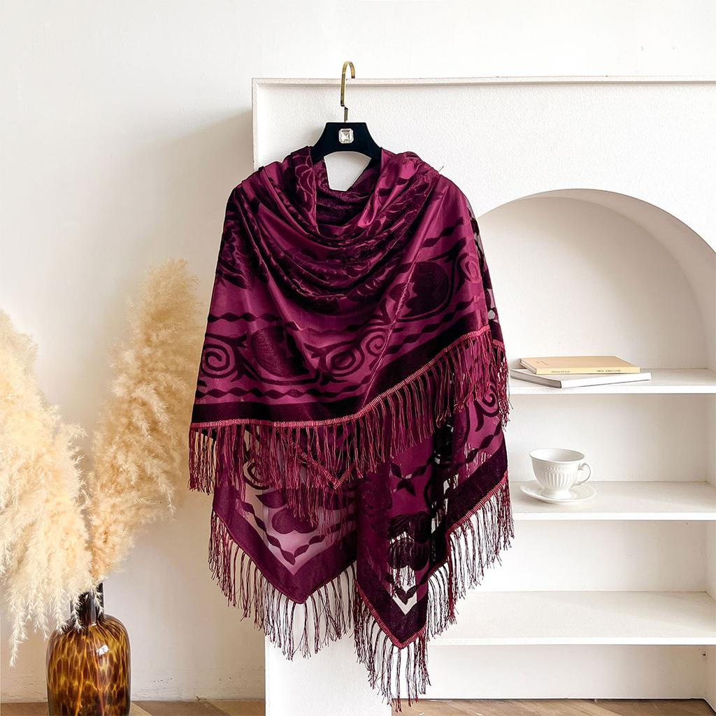 Retro Velvet Tassel Scarf Floral Embroidery Warm Outerwear Shawl For Women Spring Autumn Winter Ethnic Style Fashion Accessory