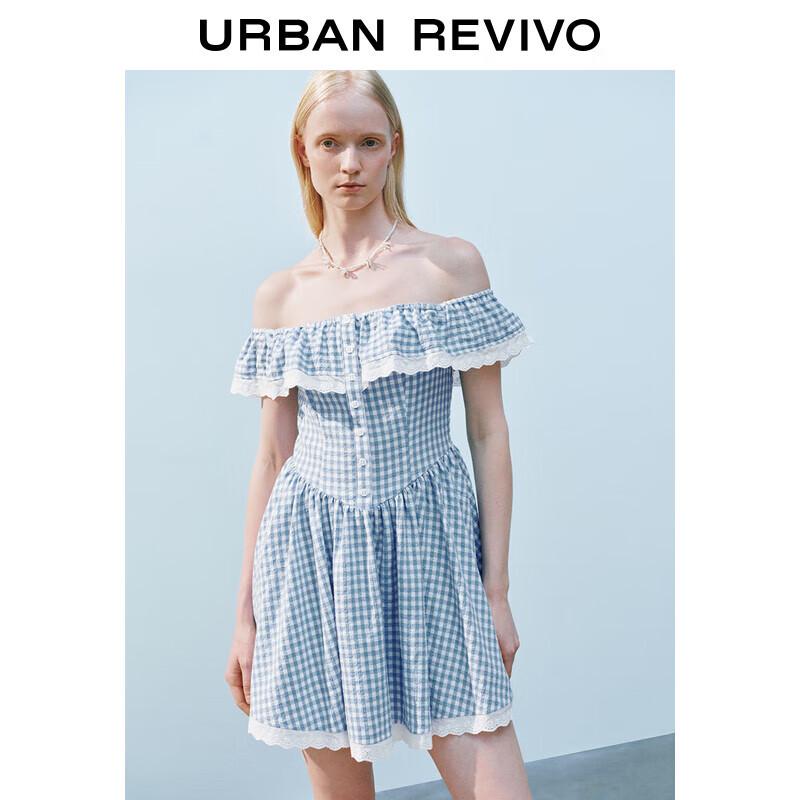 

UR 2025 Summer Women s Plaid & Lace Off-Shoulder Mini Dress M