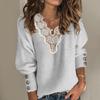 Women Autumn Winter T Shirts Long Sleeve Sexy Lace Patchwork V Neck Buttons Sweater Jumper  Mesh Design Fashion Hollow Out Tops