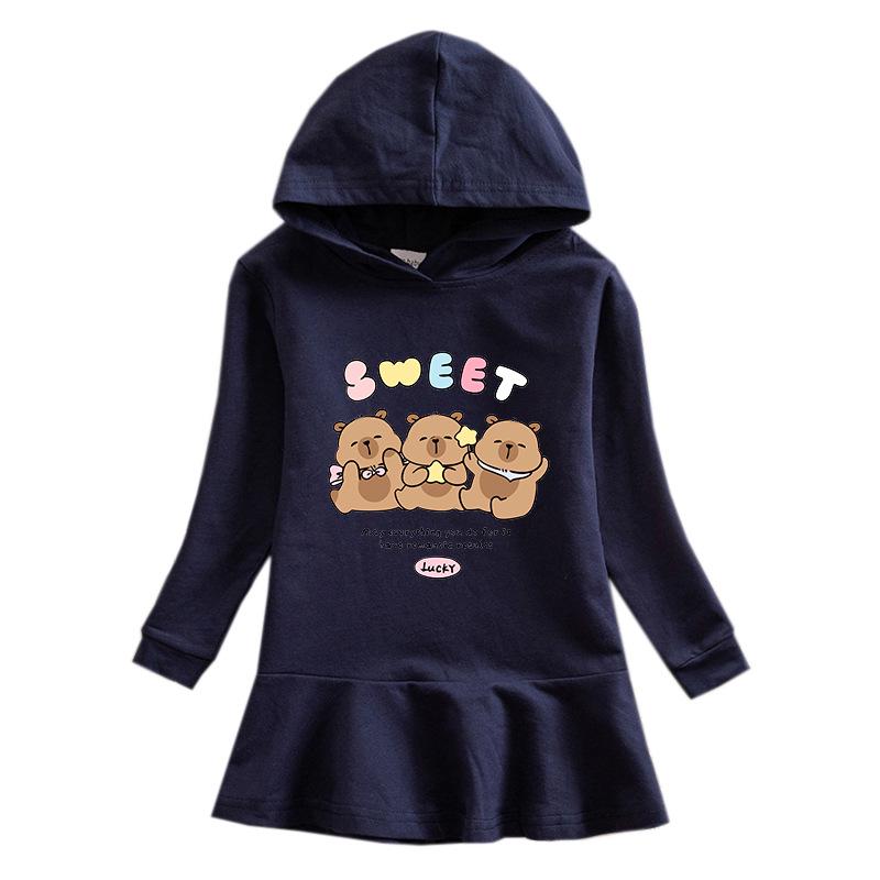 Spring & Autumn Ruffle Cartoon Rainbow Girls' Long Sleeve Hooded Sweatshirt Dress