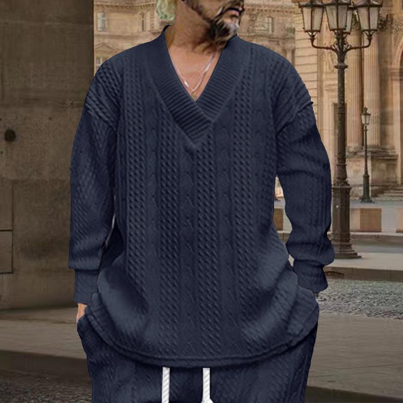 2025 Men's Casual Autumn V-neck Jacquard Knit Sweater - Loose Long Sleeve Pullover