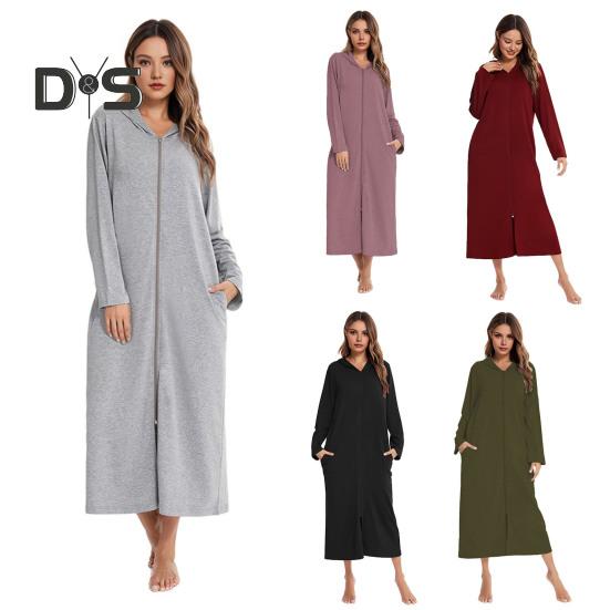 Nachthemd mit Reißverschluss für Damen, lange Ärmel, lockere, reine Farbe, mit Taschen, wadenlange Loungewear mit Kapuze, für den Alltag, für zu Hause, im Schlafzimmer