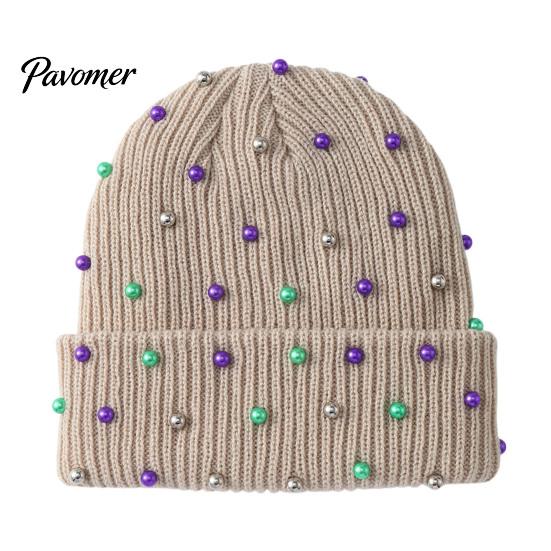 Soft Vertical Texture Hats Unisex Beanies with Colorful Beads, Winter Warm Knitted Hat, Casual Stylish Knit Skull Caps Stretch Cozy Cap for