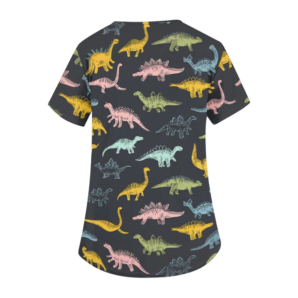 Top da Lavoro da Donna a V Manica Corta con Tasche Stampa Animali Cartone Animato Uniforme Medica Vestibilità Comoda Tessuto Resistente