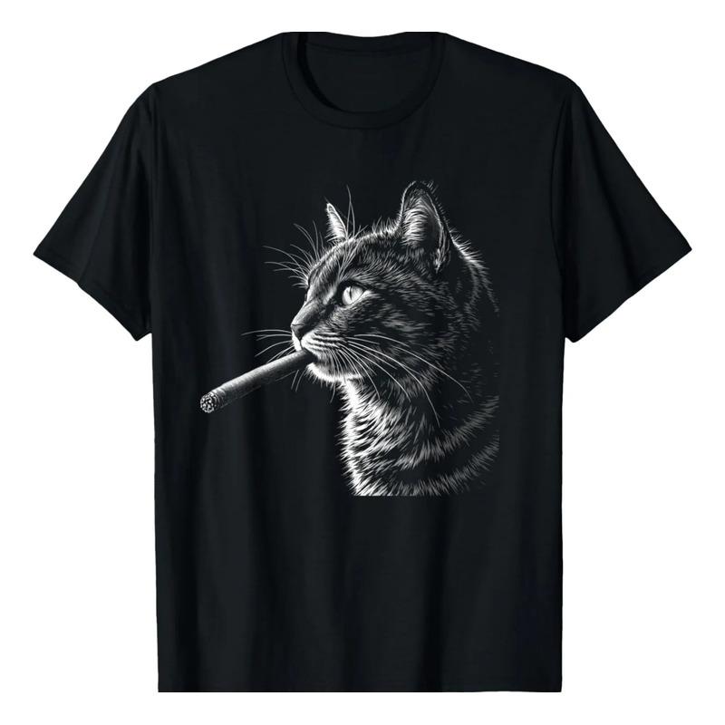 Gato Fumando Cigarro, Divertida Camiseta Negra Para Fumadore S