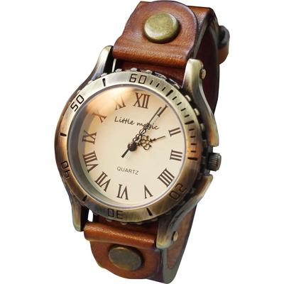 Little MagicAging Japan LeatherMade MovementMetal Allergy CompatibleWristwatch Mens Womens Clock Antique Style/Old (Brown M Size)
