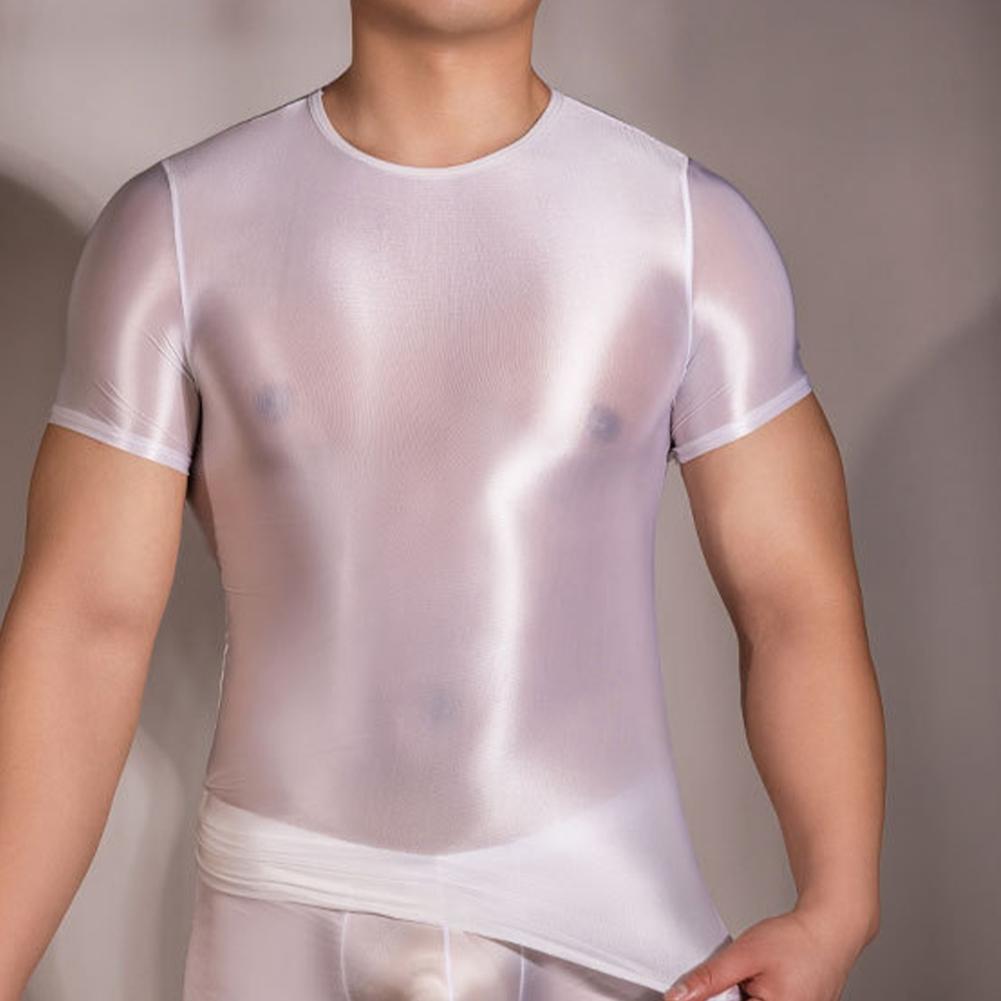 Comfortable Mens T-Shirt Male Nylon See Through Sheer Shiny