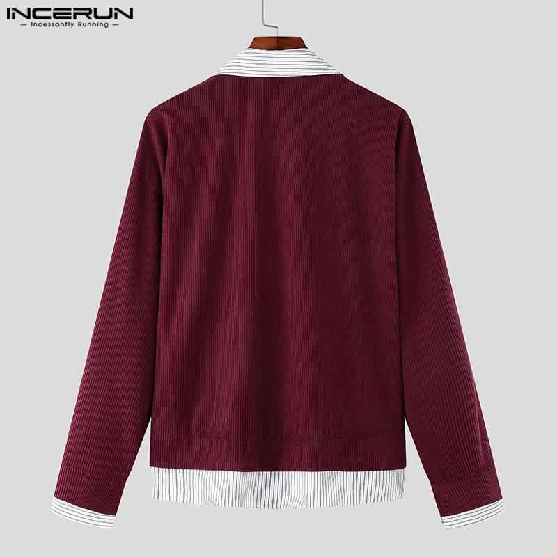 INCERUN Cămăși de Primăvară pentru Bărbați cu Guler Rever, Mânecă Lungă, Patchwork în Dungi, Nasturi, Topuri din Catifea Cord