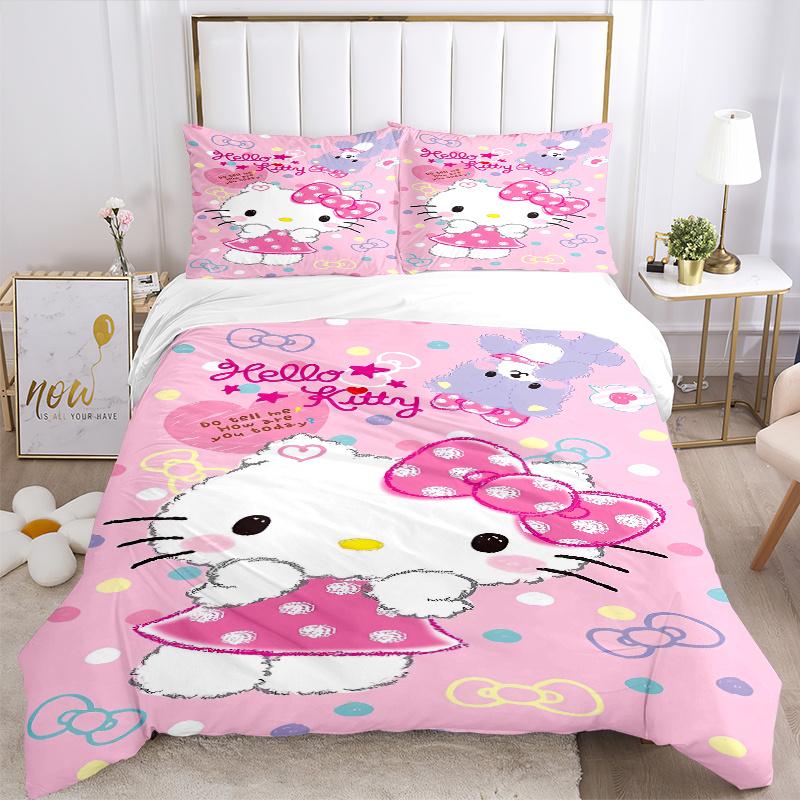 3pcs Hello Kitty's Pink Adventure Bedding Set 1 Soft Quilt Cover + 2 Pillowcases, Machine Washable Suitable for All Seasons, Perfect Gift S045