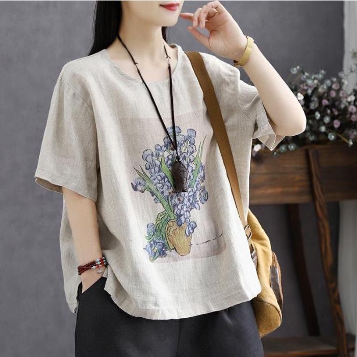 Women's Retro Print Cotton Linen T-shirt, Short Sleeve, Loose Fit, Plus Size, 2024 Summer Style Top