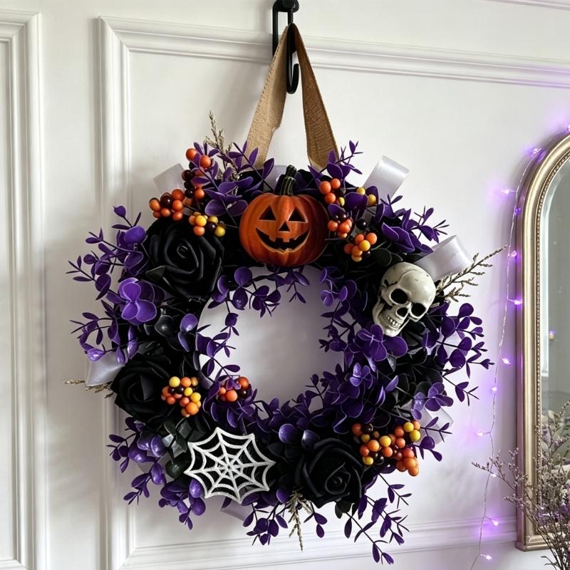 Artificial Flower Halloween Wreath Artificial Pumpkin Skull Spiderweb Wreath Hanging Decoration for Front Door Wall or Party Display